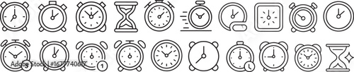 Time Management and Alarm Clock Icons: Stopwatch, Hourglass, and Countdown Line Symbols
