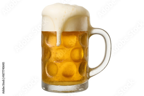 Traditional dimpled beer mug filled with golden lager and overflowing foam on white background