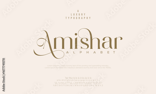 Amishar Luxury font alphabet logo. Typography beautiful fashion elegant classic letters serif italic fonts decorative wedding vintage blossom logos. vector illustration
