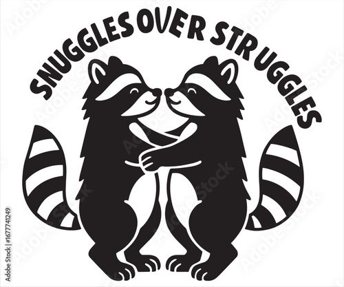 Cute Raccoons Hugging Snuggles Over Struggles Vector