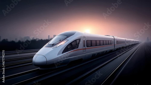 Wallpaper Mural High-Speed Train Rushing Towards Distant City at Dawn Torontodigital.ca