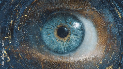 Futuristic Eye: Digital Iris. The eye is encased in an intricate network of circuits and lights, blurring the line between biology and technology.