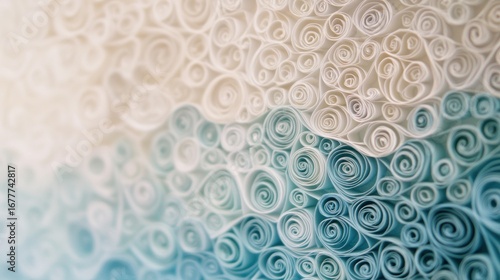 Abstract image of spiraled paper quilling, light gradient of white to blue