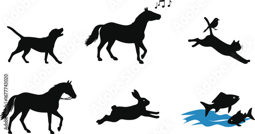Animal silhouettes, dog, horse, cat, rabbit, fish, wildlife scenes, pet icons, nature, motion, aquatic life, flat vector illustration