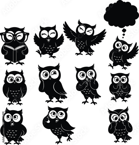 Cute black owl silhouettes in various poses and expressions, including reading, flying, thinking, and winking for cartoon designs.