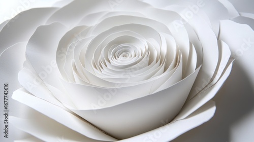 Intricate, layered paper flower in pristine white, soft and elegant