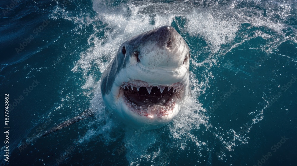 Obraz premium A great white shark is captured mid-breach, showcasing its powerful jaws and sharp teeth above clear blue ocean water. The setting highlights a vibrant marine environment under bright sunlight.