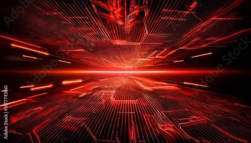 abstract digital composition featuring glowing red outlines on dark cards suggesting a futuristic technology theme with a focus on depth and perspective