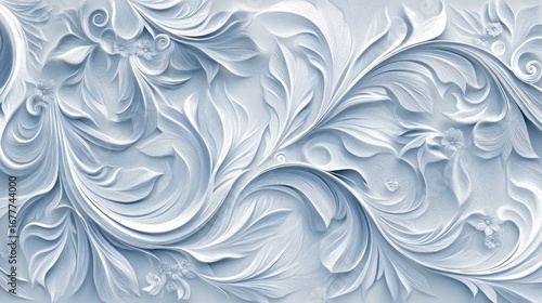 Intricate, flowing, 3D floral pattern in shades of white and pale blue