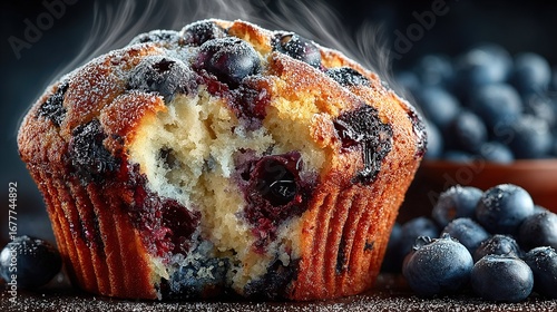   A blueberry muffin with a bite taken out, surrounded by fresh blueberries in a bowl
