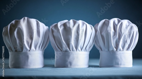 Three white chef hats lined up on a blue surface, symbolizing culinary excellence and professional cooking, simple background.