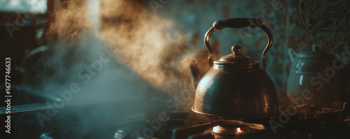 A steaming kettle rests atop an old stove, surrounded by a haze of fog that envelops the kitchen. The scene is enhanced by a cinematic motion blur, which adds a warm and inviting ambiance, making the 