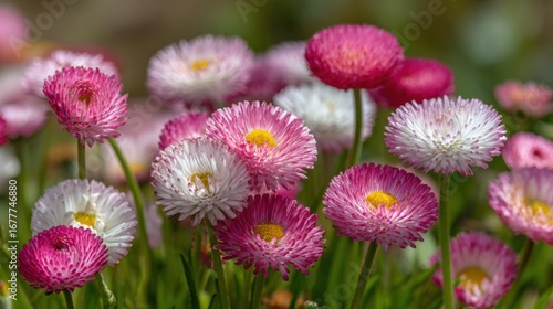 Colorful daisies fill the garden with lively shades of pink and white, shining under the warm spring sun, attracting bees and butterflies to this vibrant scene of nature's beauty.