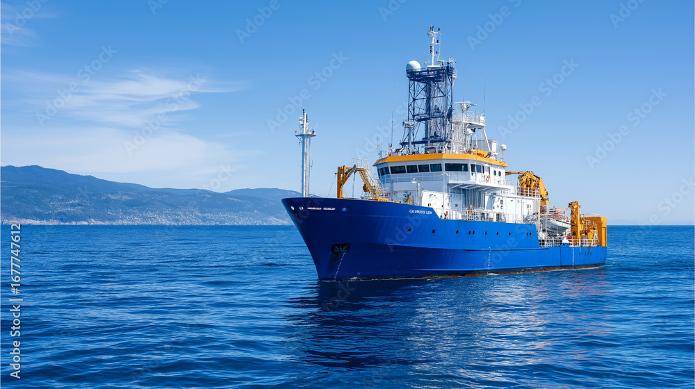 Fototapeta premium Marine research vessel deploying scientific instruments into ocean depths oceanographic equipment and data collection systems studying climate change impacts and marine ecosystems