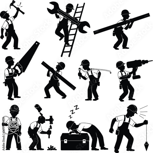 Silhouette construction workers with tools, hammer, drill, saw, ladder, cable, tape, working in various poses and humorous actions.