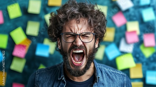 Wallpaper Mural A frustrated Caucasian man with curly hair and glasses screams in front of a colorful sticky note wall. Torontodigital.ca