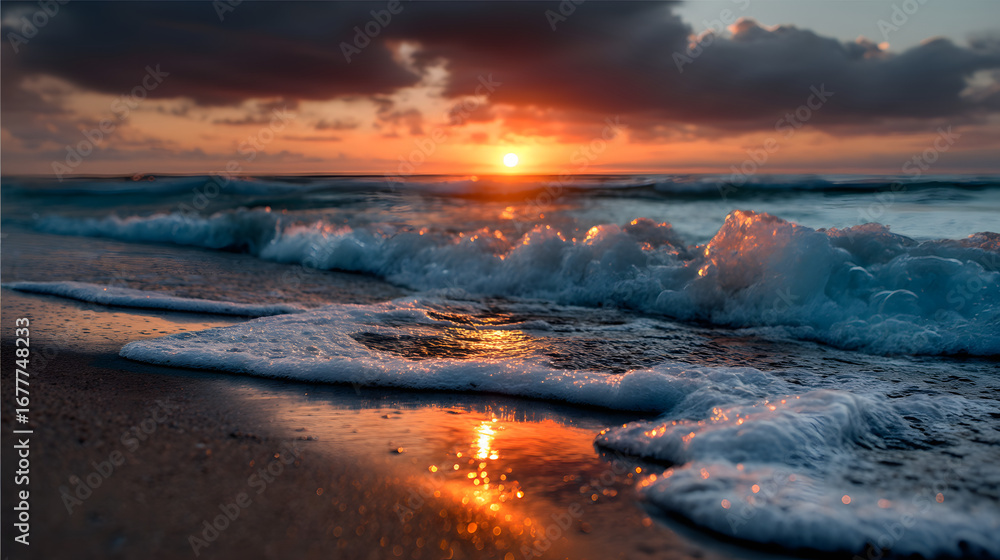 Fototapeta premium A vibrant sunset casting glden reflections on the ocan waves, with a sandy beah in the foreground.