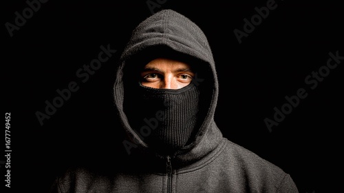 Mysterious man in hood and face mask, eyes visible against black backdrop, invoking intrigue. A hidden face emerging from shadows.