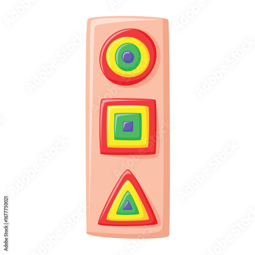 Montessori toy with colorful geometric shapes, educational board for kids, flat design.