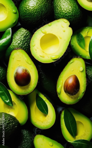 A pile of avocados with green leaves on top