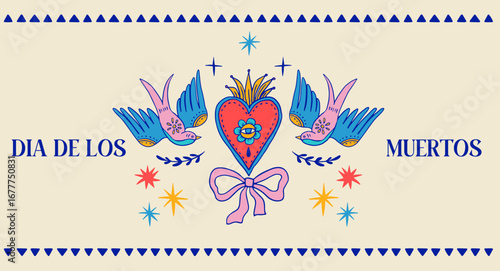 Dia de los muertos, Day of the dead, Mexican holiday, festival. Hand drawn vector poster, banner and card in modern doodle, art style, with skulls, birds, guitar and flowers