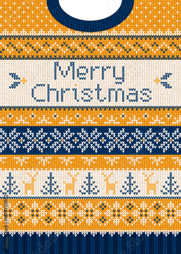 Merry Christmas Knitted Sweater Design Cozy Holiday Pattern. Festive Yellow Blue Ugly Sweater with Reindeer Snowflakes. Knitted Christmas Greeting Card, Holiday Sweater Typography Vector Illustration