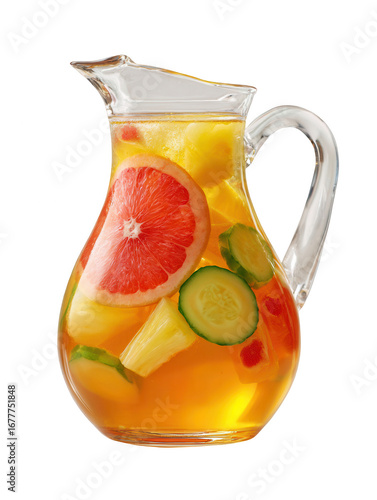 Refreshing fruit infused water in a glass pitcher isolated on transparent background