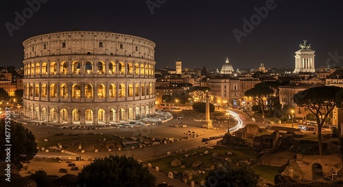 Illuminated Colosseum at Night: A Timeless Vista of Rome's Ancient Grandeur