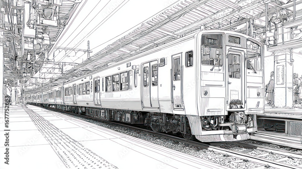 Naklejka premium Linear drawing of a commuter train at a station, with overhead structures in view