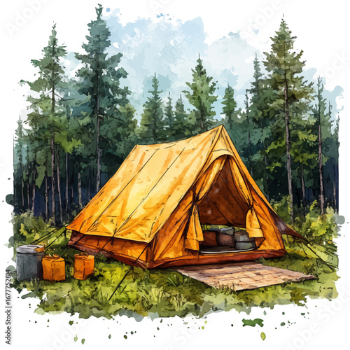 Camping Tent Summer Forest, watercolor vector, isolated on a white background.