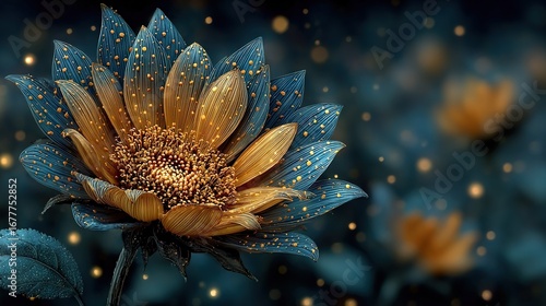   A detailed photo of a vivid blue and sunny yellow blossom against a dark background, featuring glistening golden speckles on its petals