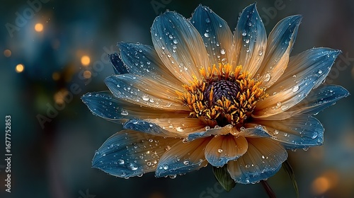   A blue-yellow flower with water droplets on its petals and a blurry background of lights