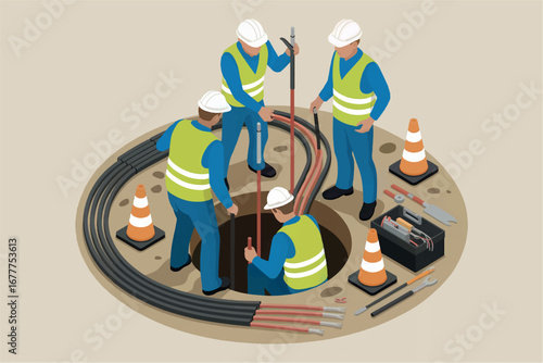 Construction workers in hard hats and safety vests inspect an underground utility system transparent background
