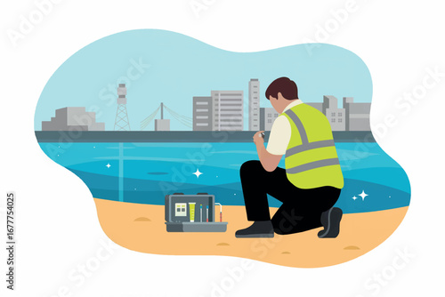 A scientist in a high-visibility vest kneels on a sandy shore, meticulously operating water testing equipment. The urban cityscape and serene water body in the background highlight the importance of e