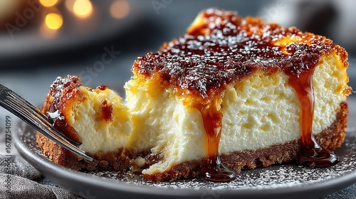   A slice of cheesecake with caramel sauce on a plate, served with a fork and a cup of coffee in the background
