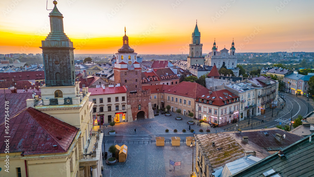 Fototapeta premium Sunrise panorama of the Krakow gate in Lublin, Poland