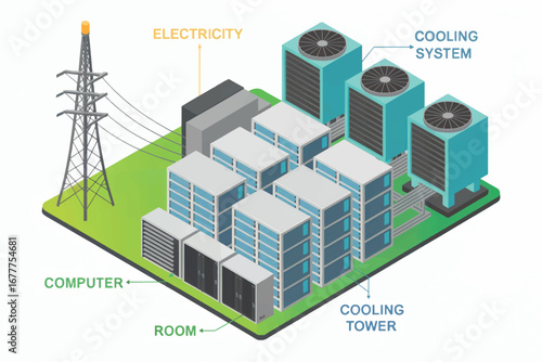 Modern data center design with cooling towers and electrical grid connection for sustainable operations transparent background