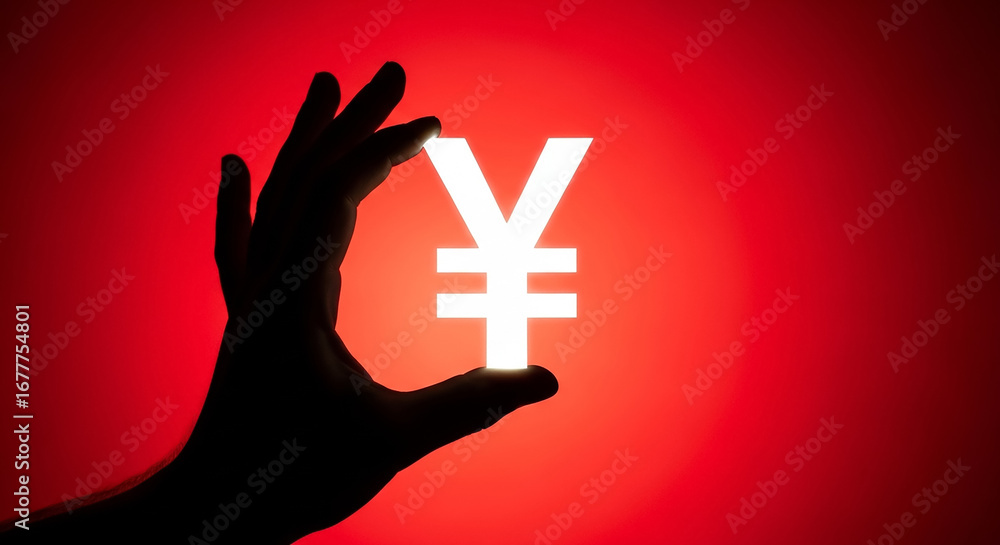 Fototapeta premium Hand holding glowing yen symbol on red background
