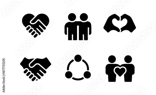 Collection of solid style icons depicting unity and friendship symbols