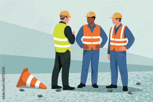 Construction crew collaboration safety meeting focused teamwork outdoor site industrial professionals transparent background