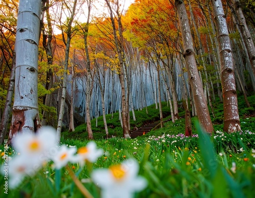 Autumn forest with wildflowers