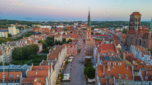Sunrise aerial view of the city center of Gdansk, Poland