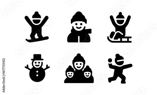 Winter fun icons: snowboarding, sledding, snowball fight, snowman, family togetherness