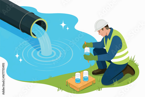 Environmental scientist takes water sample from polluted river near industrial discharge pipe transparent background