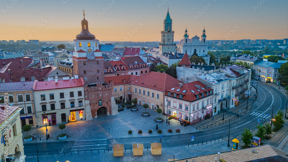 Fototapeta premium Sunrise panorama of the Krakow gate in Lublin, Poland
