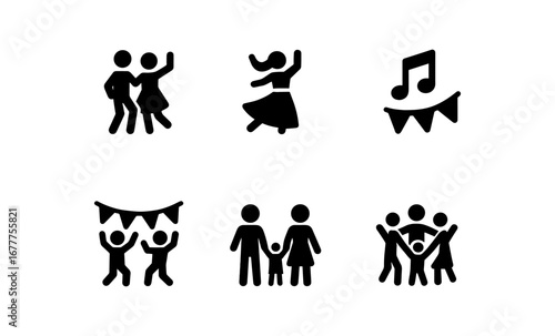 Dance and celebration icons featuring families and music