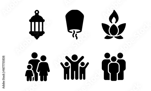 Silhouette icons of lantern, lantern festival, lotus, and family gatherings