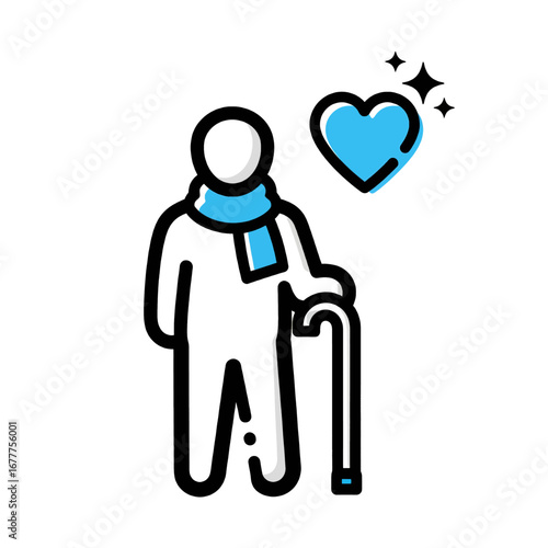 Elderly Care and Support Icon with Heart. Senior Health, Compassion, and Well-being Vector Illustration.