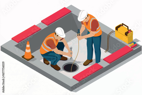 Construction workers inspecting sewer system with safety cones and toolbox isometric view transparent background