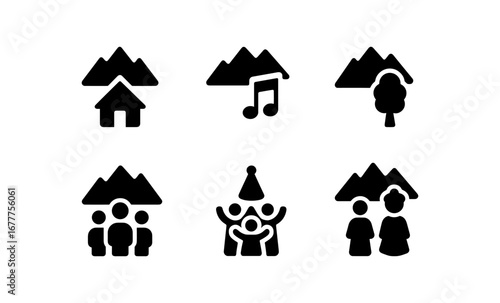 Minimalist mountain icons set: home, nature, community themes for design projects